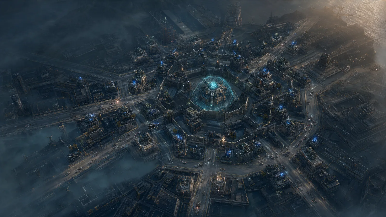 Ultrawide dawn view across City42 rooftops with the distant core tower catching first light.