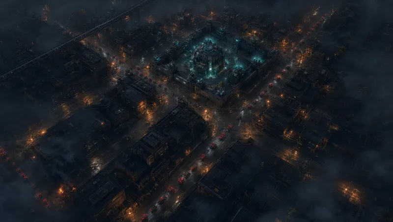 Ultrawide night view of City42 during a grid blackout, isolated defense positions glowing in the dark.