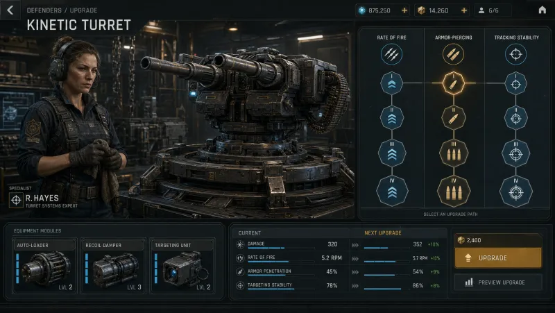 Kinetic Systems Lead Mara Hayes servicing a Tier II autocannon in a rooftop workshop.