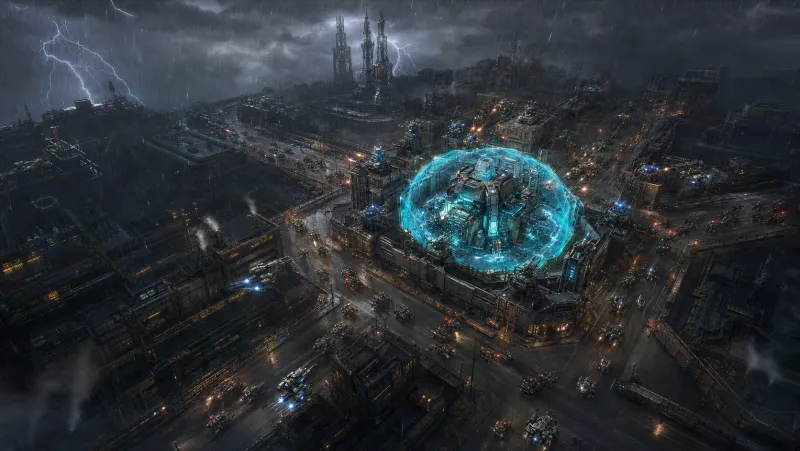 Defense emplacements firing through heavy storm rain over slick industrial streets.