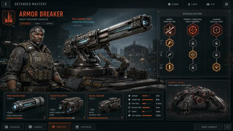 Heavy Weapons Engineer Gideon Okafor aligning a rail armor breaker on its firing anchor.