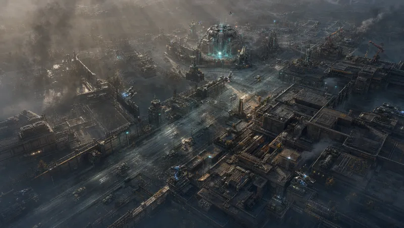 A scarred but recaptured district at sunrise, defense crews rebuilding positions among the damage.
