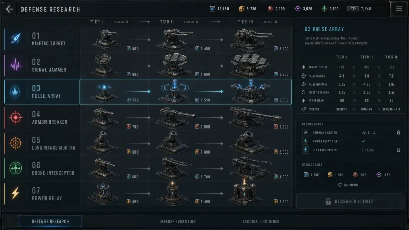 Workshop research boards showing a defense platform evolving across Tier I, II, and III silhouettes.