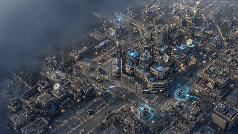 The Data Exchange district at full power, server halls and signal towers running hot.