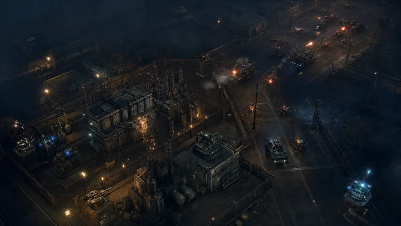A dead electrical substation in a blacked-out block, maintenance lights sweeping the transformers.