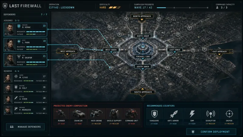 Mission preparation table with specialist assignments plotted over the City42 district map.