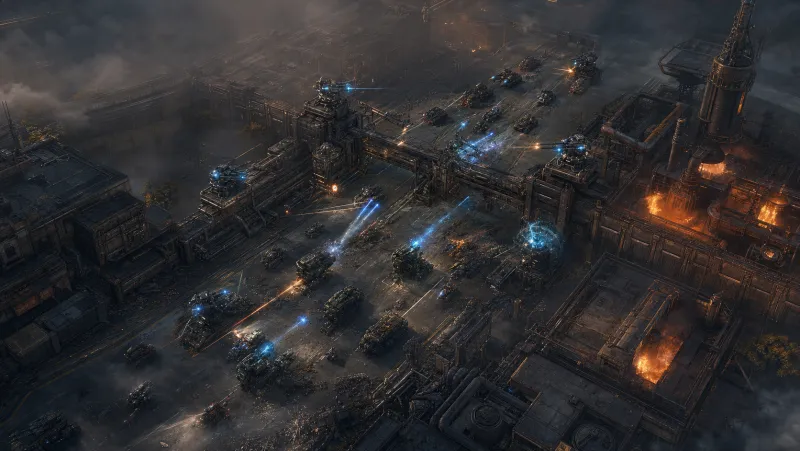 A contested industrial gate with wrecked machine hulls stacked at a defended chokepoint.