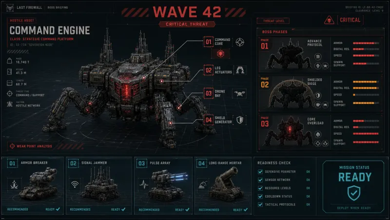 Command briefing screens breaking down Command Engine phases and support spawns.