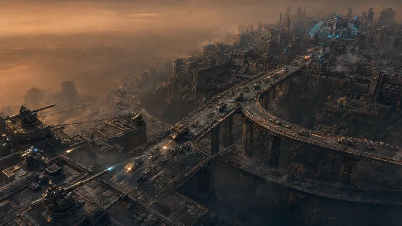 The western elevated highway entry sweeping toward City42 between industrial blocks.