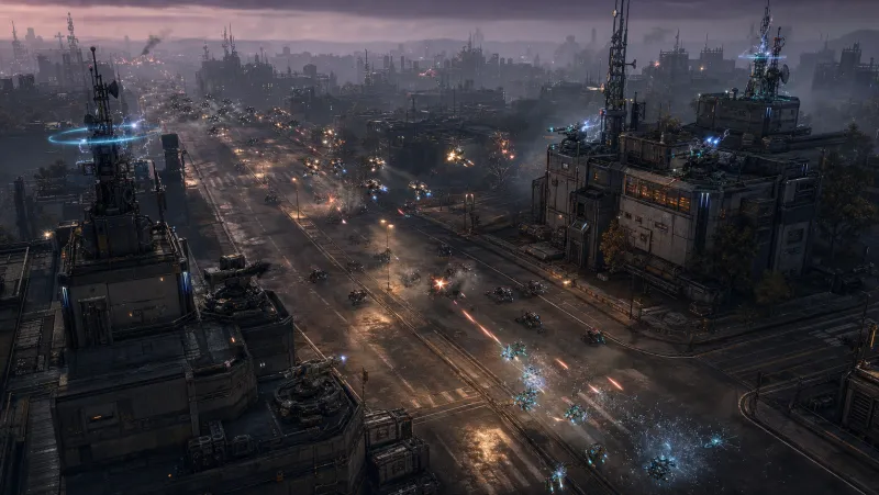 Hostile drones crossing the eastern skyline corridor between communication towers.