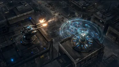 Kinetic autocannons and a pulse array holding a street intersection against a light swarm.