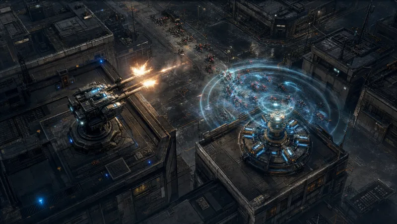 Kinetic autocannons and a pulse array holding a street intersection against a light swarm.