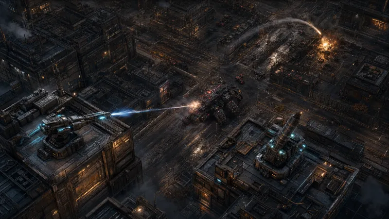 A rail armor breaker and mortar platform anchored on a high rooftop firing across the basin.