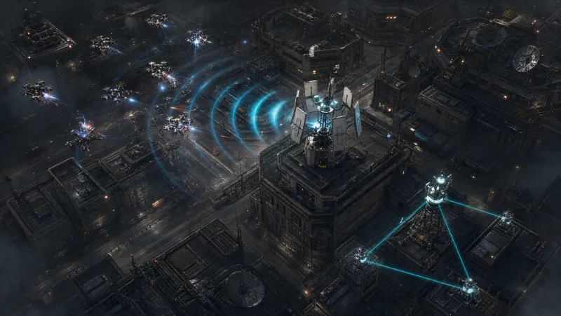 A signal jammer and command relay cluster coordinating nearby defenses from a comms rooftop.
