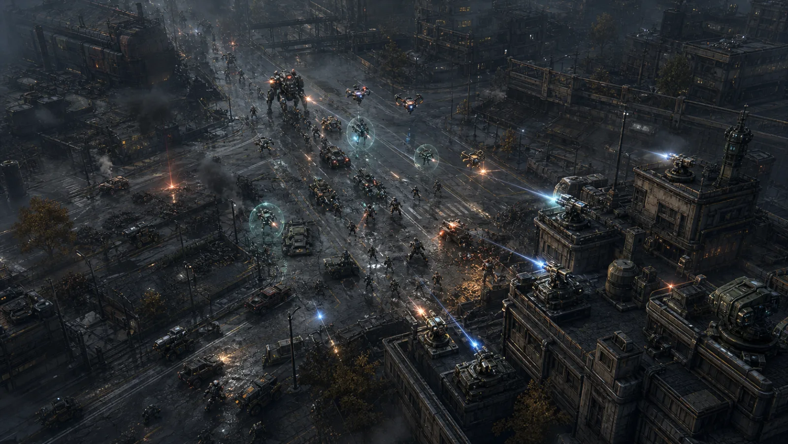 A combined hostile wave — runners, crawlers, shield carriers, and drones — advancing up a boulevard.