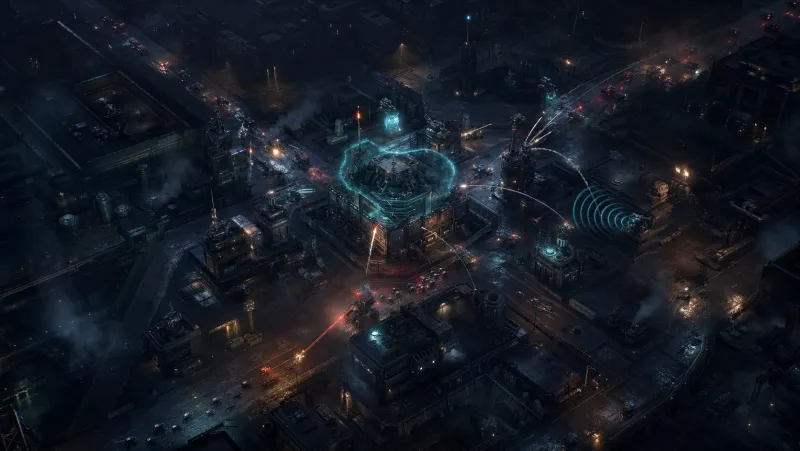 A city district in blackout, defended intersections lit only by emergency floodlights and weapon flashes.