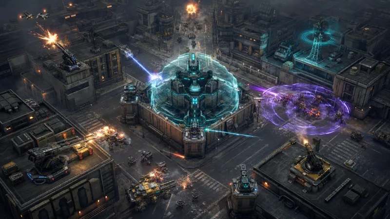 The Firewall Core surrounded by concentric defense rings during the final siege at night.