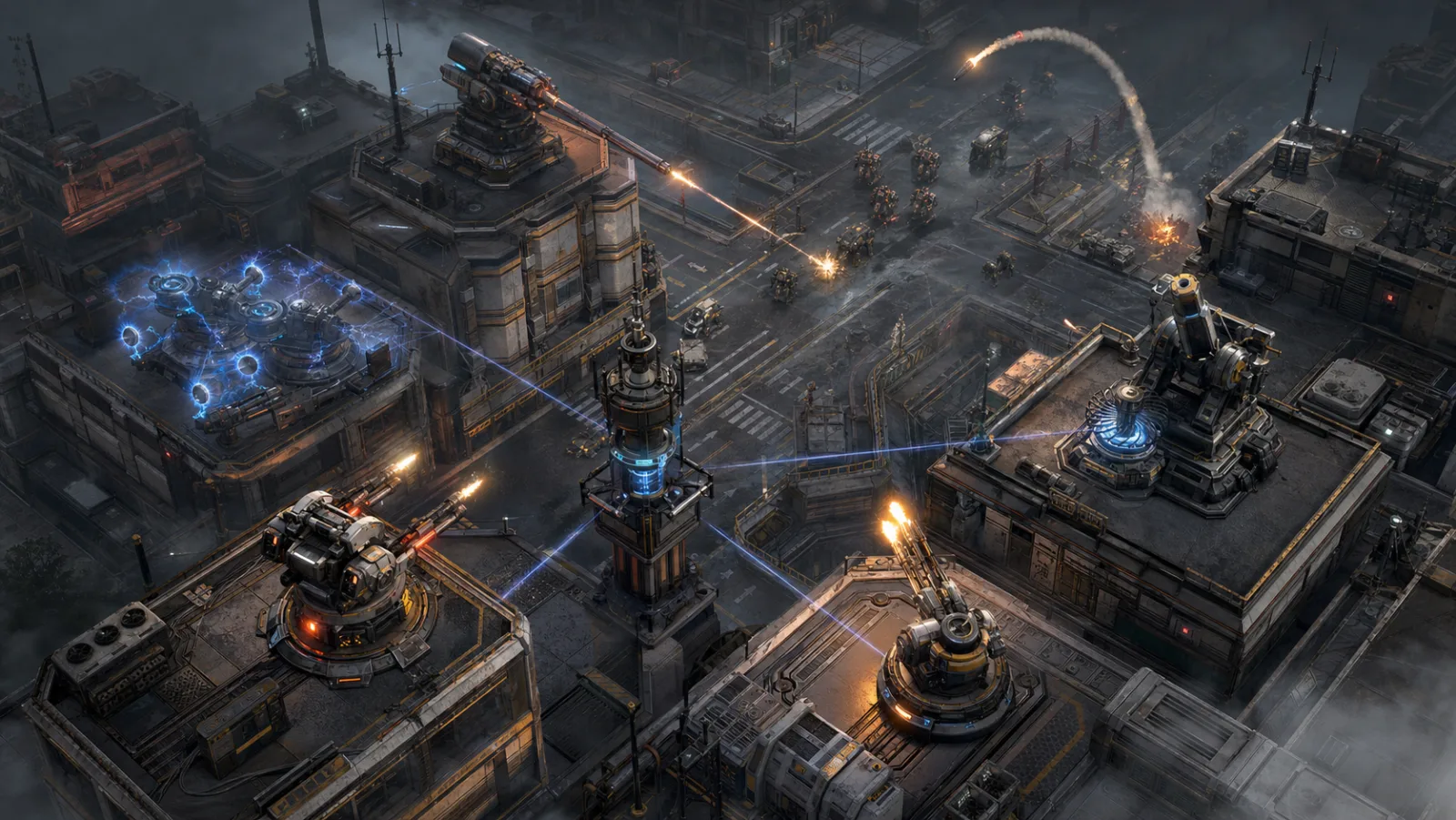 Lineup of Last Firewall defense platforms staged in an industrial maintenance yard.