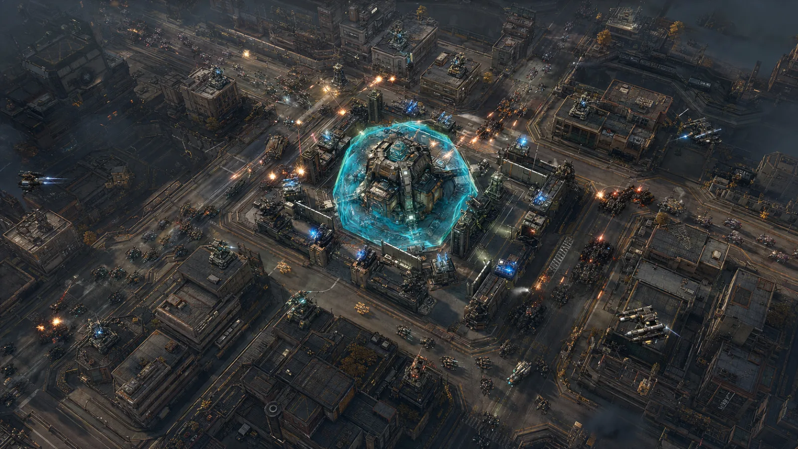 Elevated tactical view of rooftop defense systems firing on machine columns advancing through City42 streets.