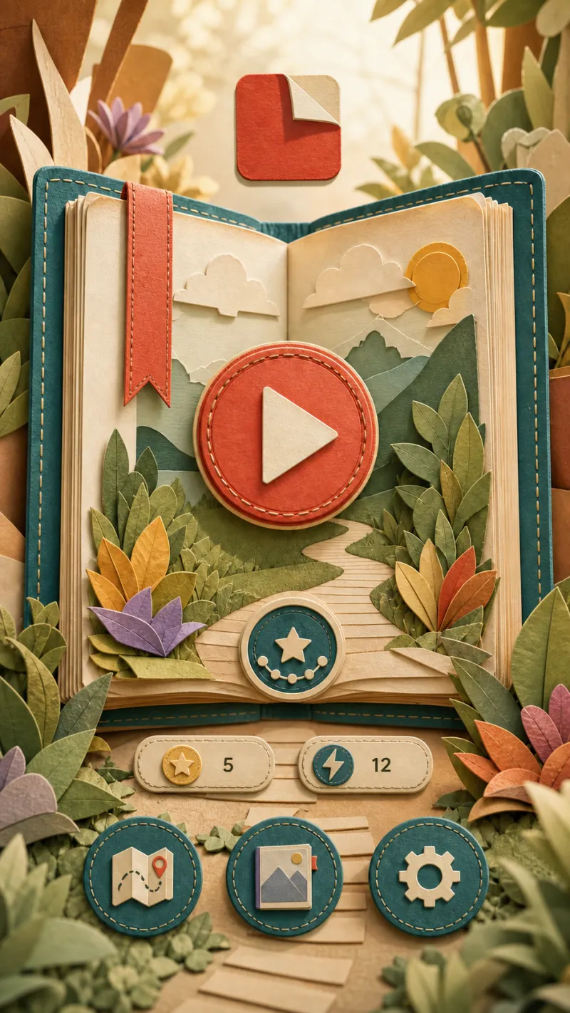 Final Peel Tales home screen built around an open storybook and centered tactile controls.